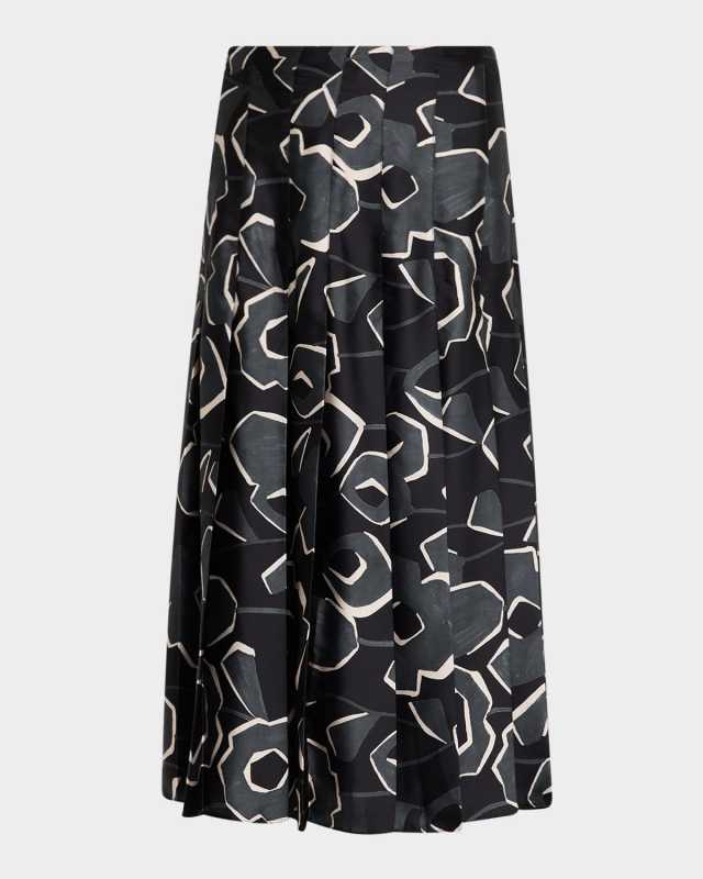 Cubist Floral-Print Pleated Midi Skirt